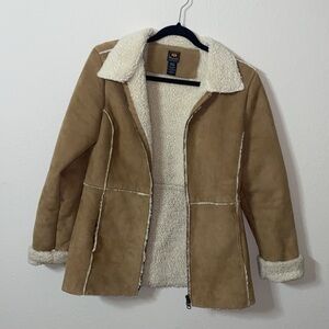 🐆Vintage Tan Route 66 Faux Fur Lined Zip Up Penny Lane Coat!